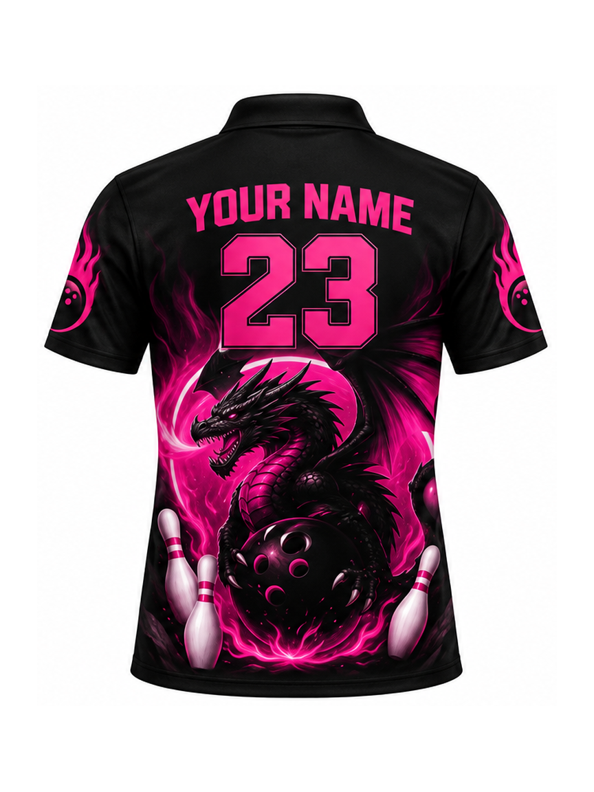 Magenta Dragon Strike Custom Bowling Polo Shirt - back name and number preview