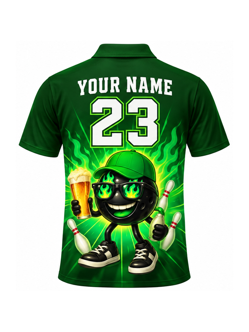 Green League Cheers Custom Bowling Polo Shirt - back name and number preview