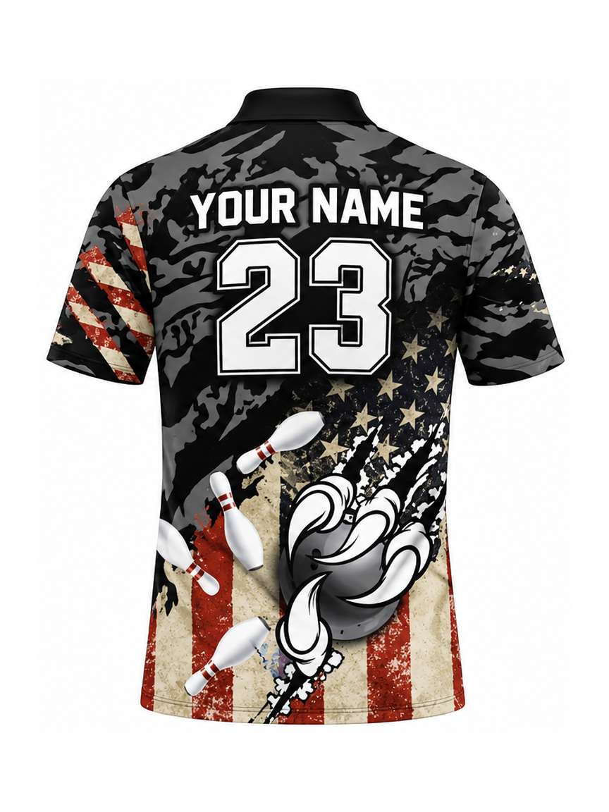 Camo Liberty Strike Custom Bowling Polo Shirt - back name and number preview