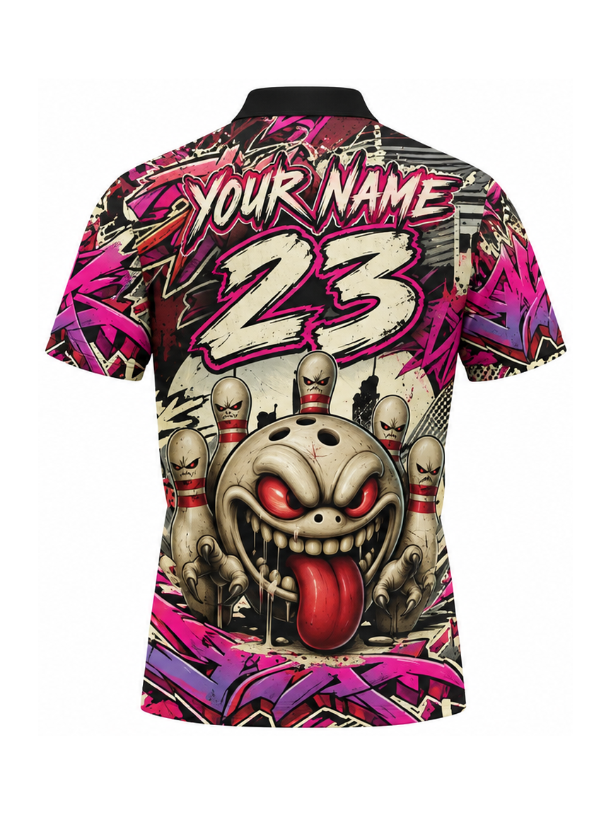 Pink Graffiti Monster Custom Bowling Polo Shirt - back name and number preview