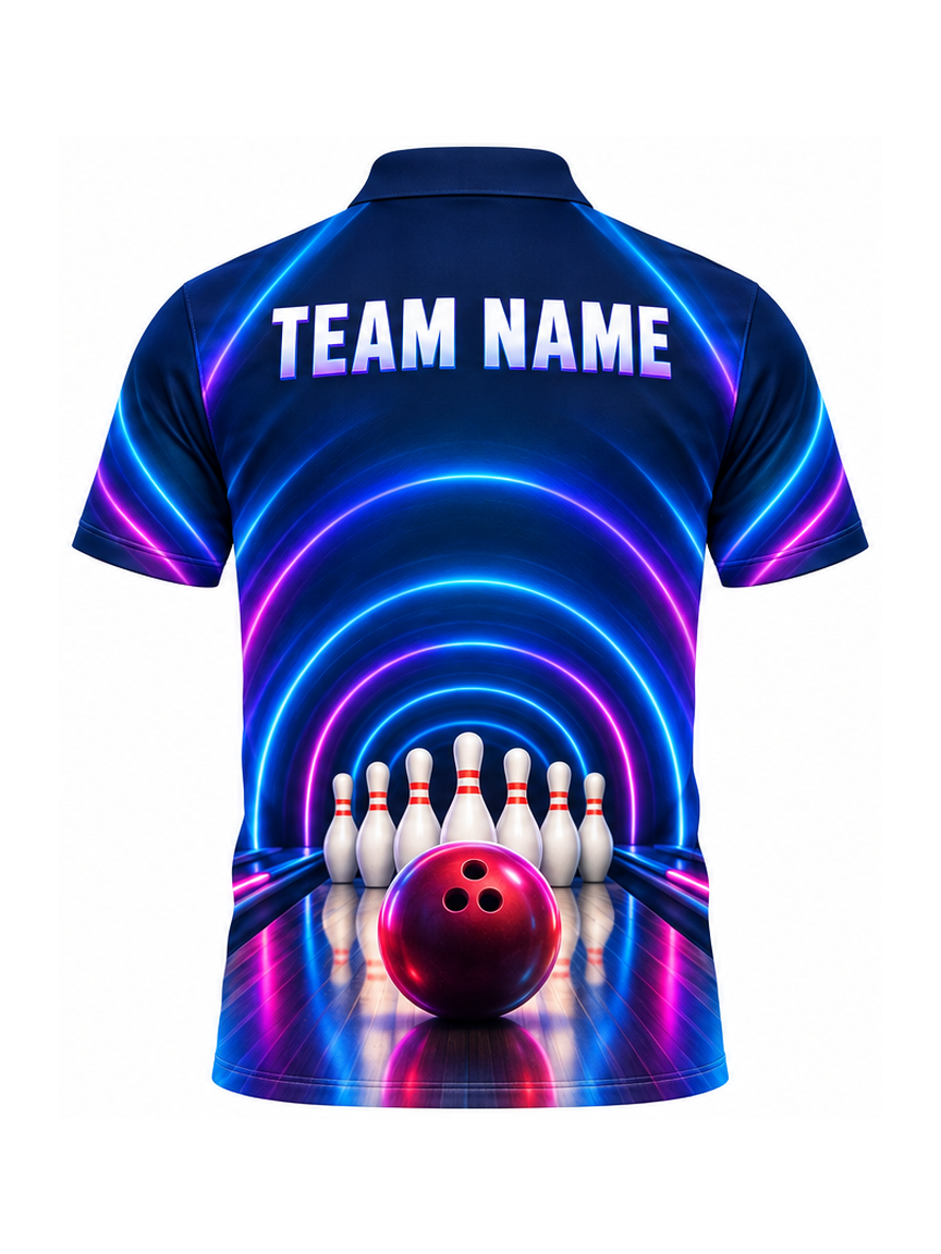 Blue Neon Passage custom Bowling team shirt - back team name preview