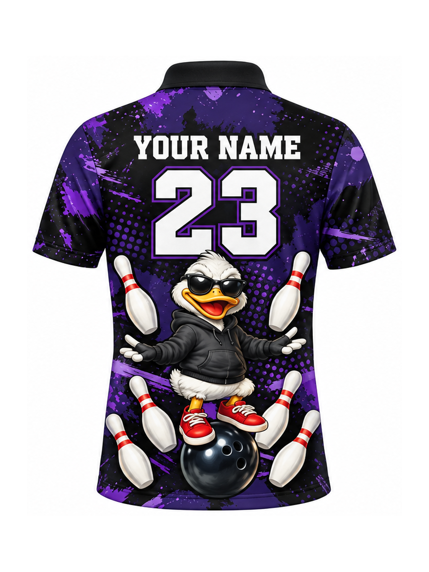 Purple Juggling Duck Custom Bowling Polo Shirt - back name and number preview