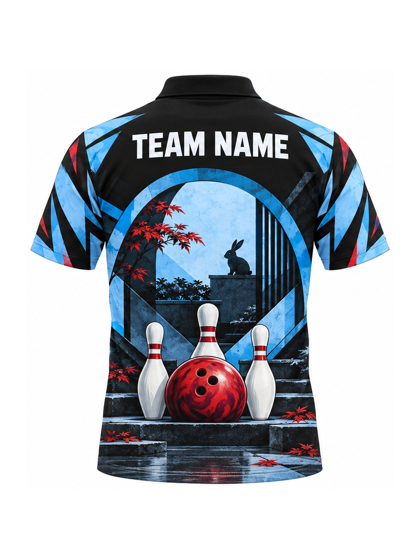 Ice Blue Rabbit Courtyard custom Bowling team shirt - back team name preview