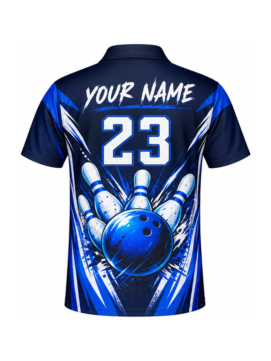 Azure Slash League Custom Bowling Polo Shirt - back name and number preview