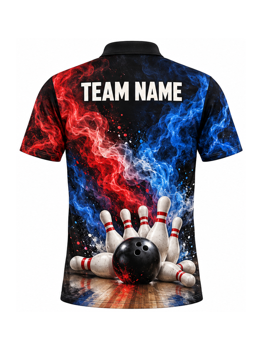 Scarlet Blue Crosscurrent custom Bowling team shirt - back team name preview
