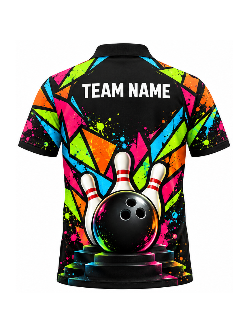 Neon Mosaic Pin Square custom Bowling team shirt - back team name preview