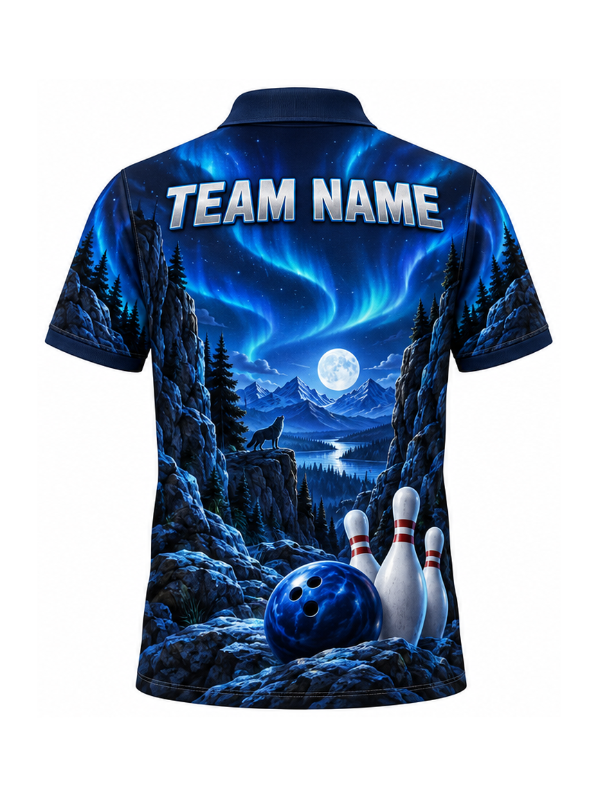 Cobalt Wolf Aurora Pass custom Bowling team shirt - back team name preview
