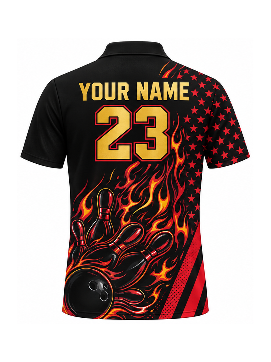 Flame Stars Strike Custom Bowling Polo Shirt - back name and number preview