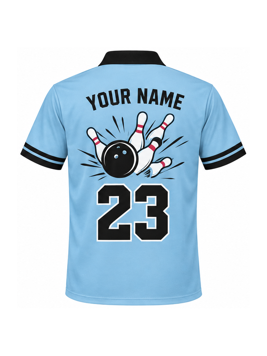 Sky Blue Classic Trim Custom Bowling Polo Shirt - back name and number preview