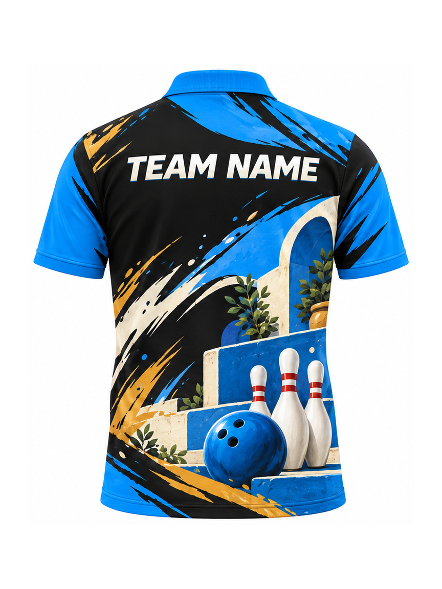 Azure Courtyard Trio custom Bowling team shirt - back team name preview