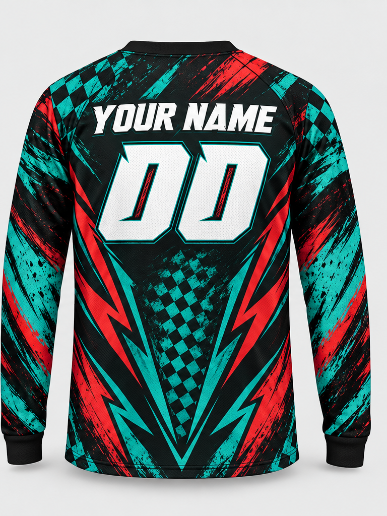Teal Redflare custom motocross jersey - back view