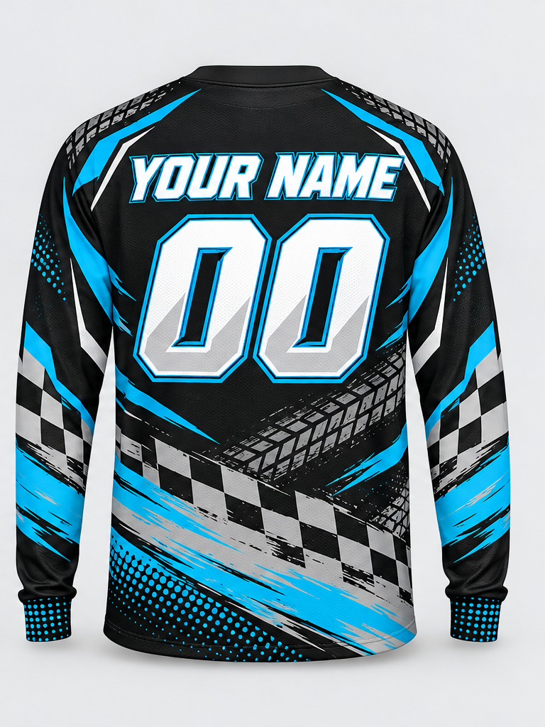 Cyan Checkered Sweep Custom Dirt Bike Jersey - back view
