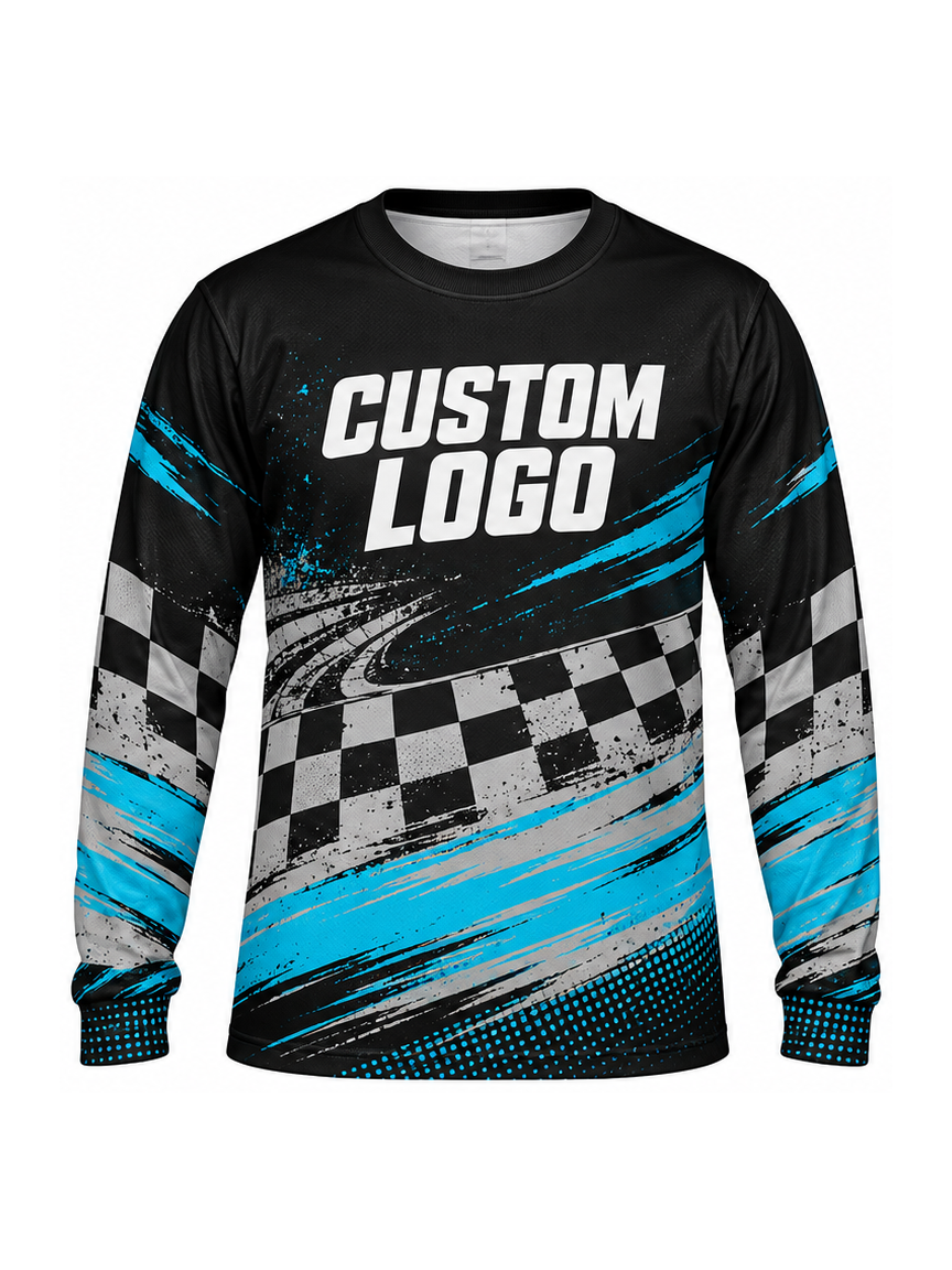 Cyan Checker Current custom Motocross team shirt - front logo preview