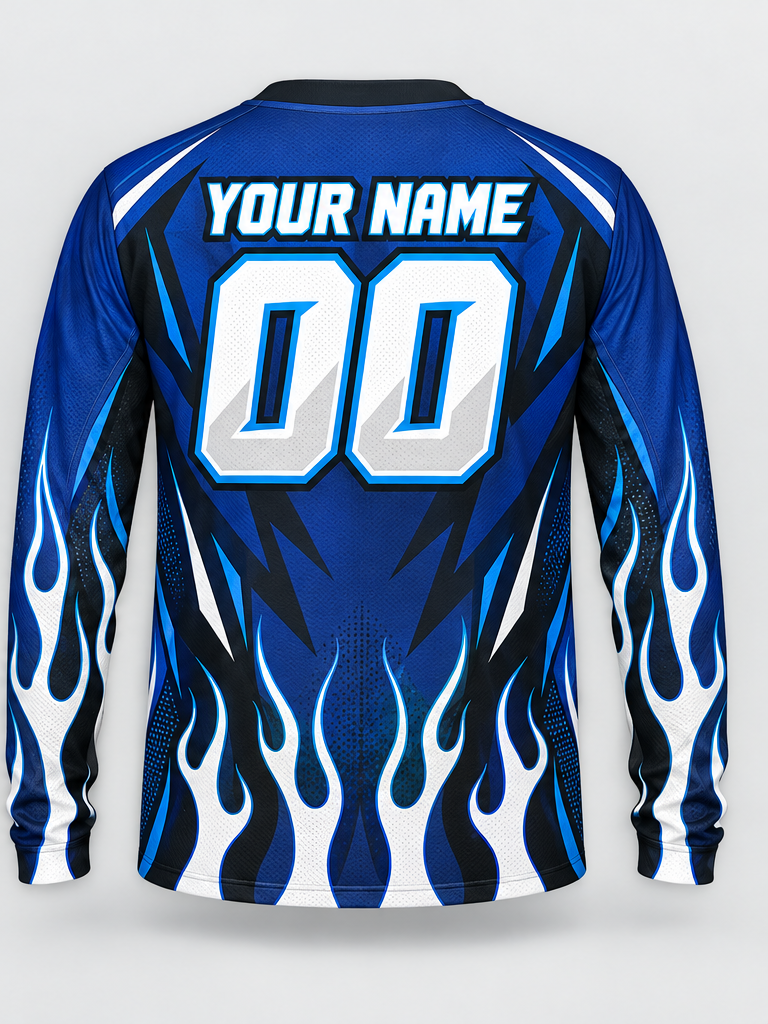 Blue Flame Rise custom motocross jersey - back view