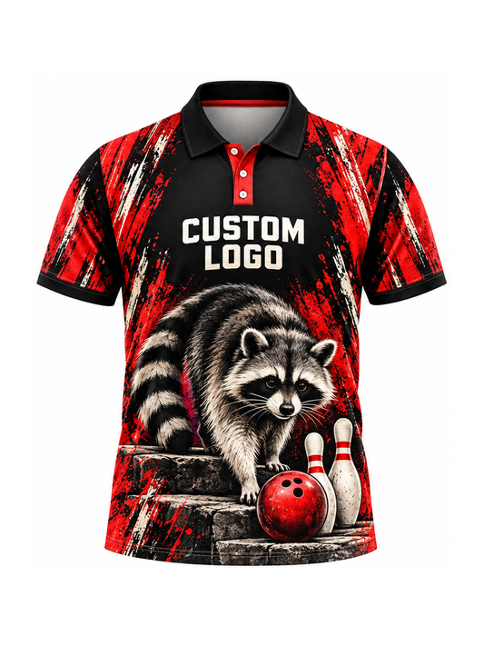 Scarlet Raccoon Tracks custom Bowling team shirt - front logo preview