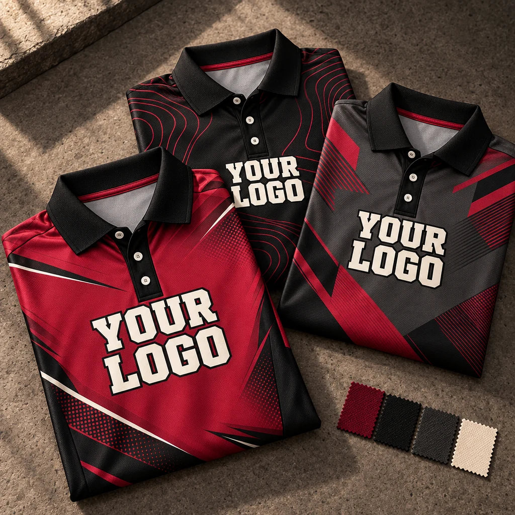 Three coordinated burgundy and black custom polo designs with fabric color swatches.