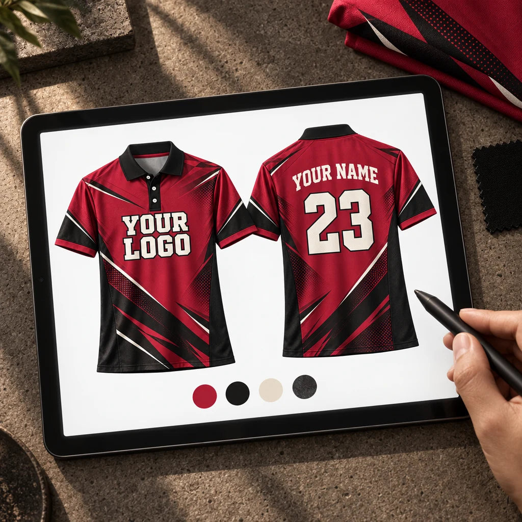 Digital proof of a burgundy team polo showing custom front logo and back name and number.