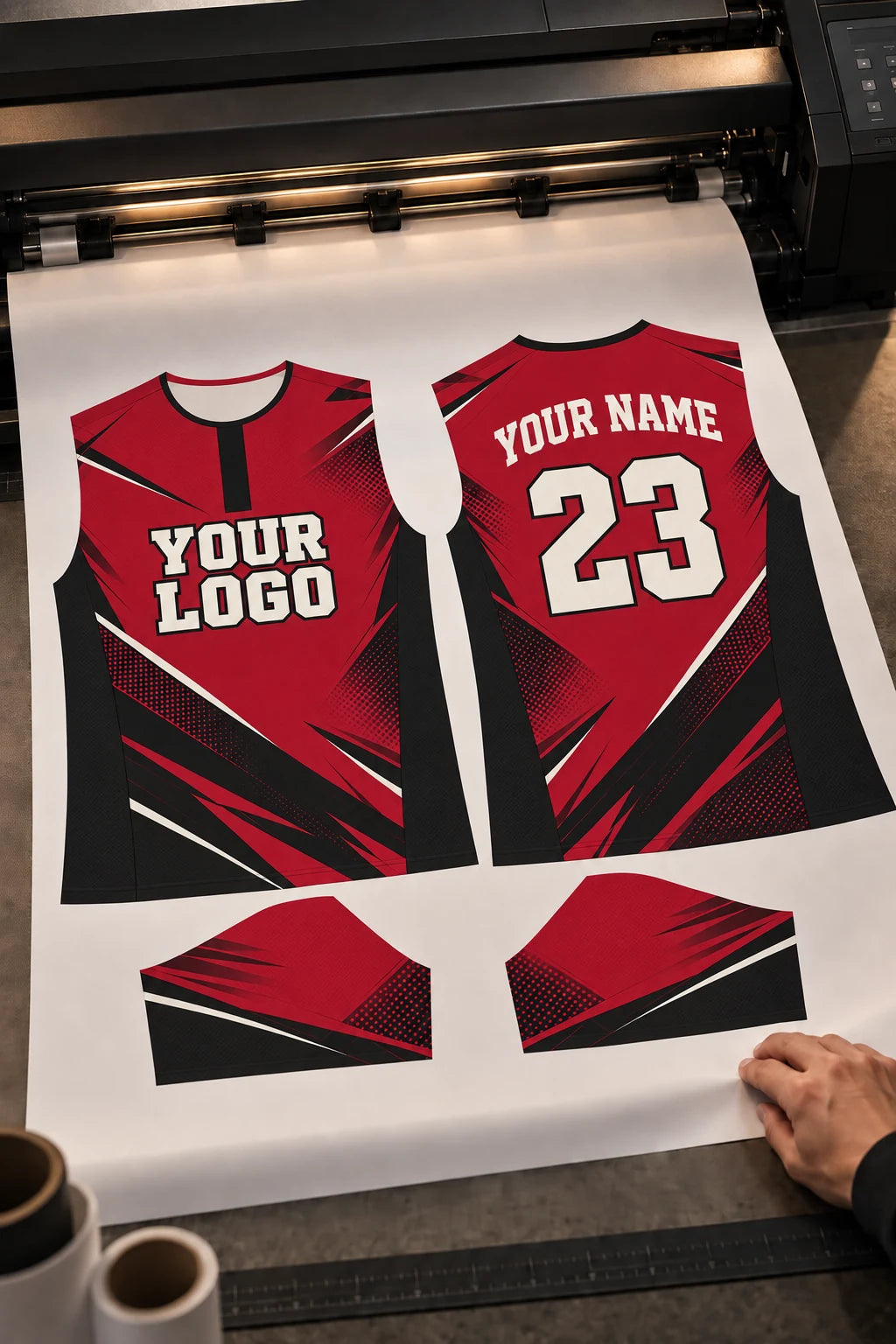 Printed burgundy and black team-polo artwork at a textile workstation.