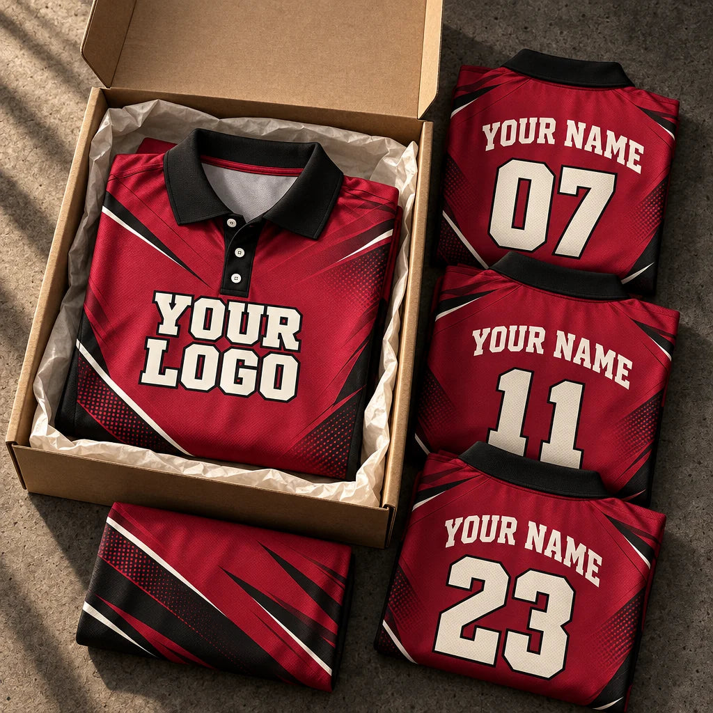 A coordinated team order of burgundy polos with custom logos and player numbers.
