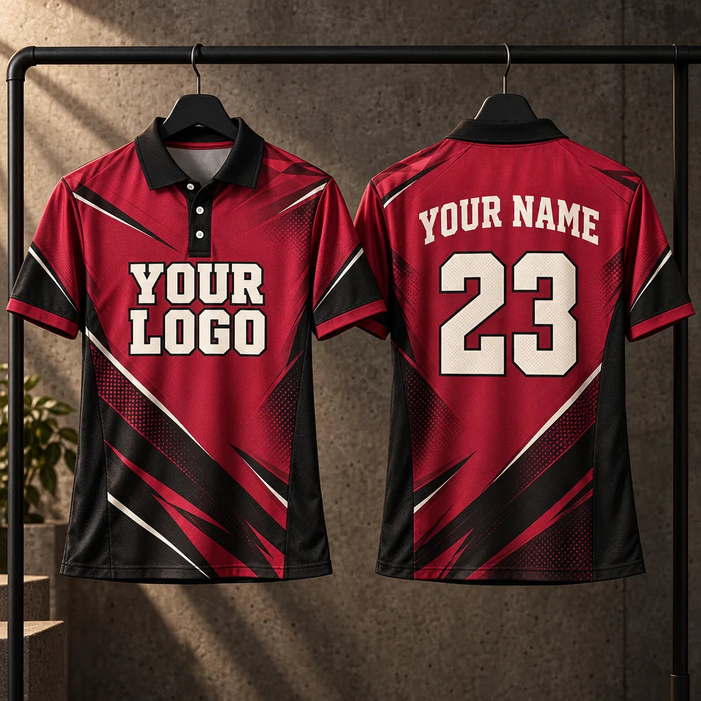Front and back of matching burgundy team polos with custom logo, player name and number.