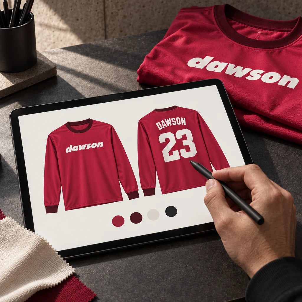 Reviewing front and back artwork for a crimson Dawson team jersey on a tablet.