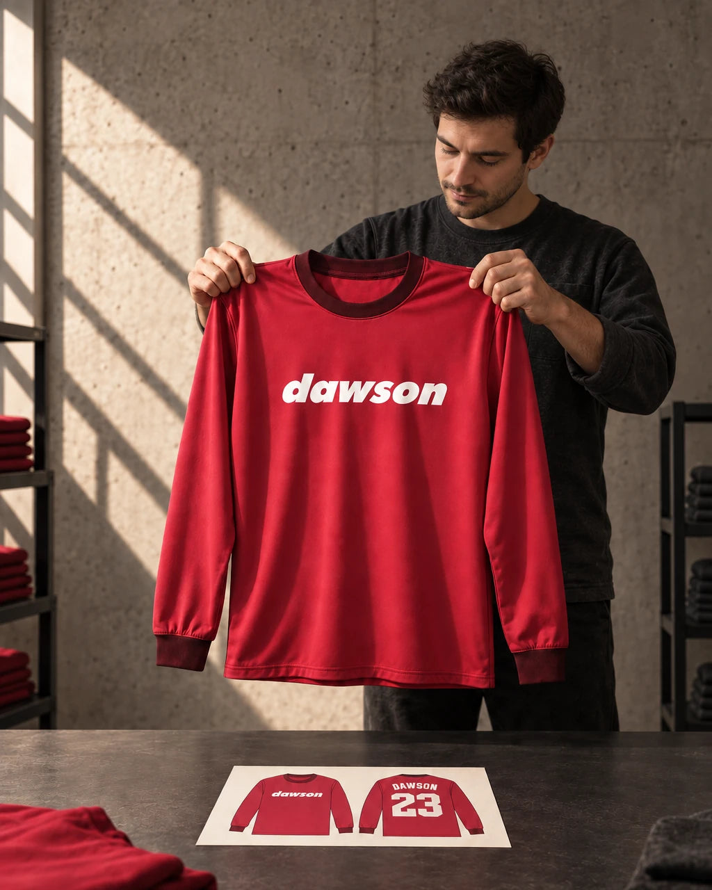 Checking a finished crimson Dawson jersey against its matching design proof.