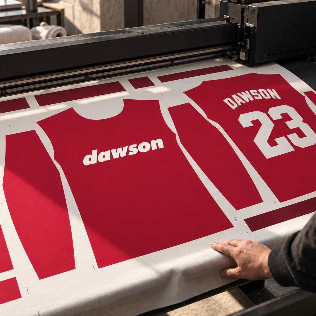 Crimson team jersey artwork on a print sheet at a textile workstation.