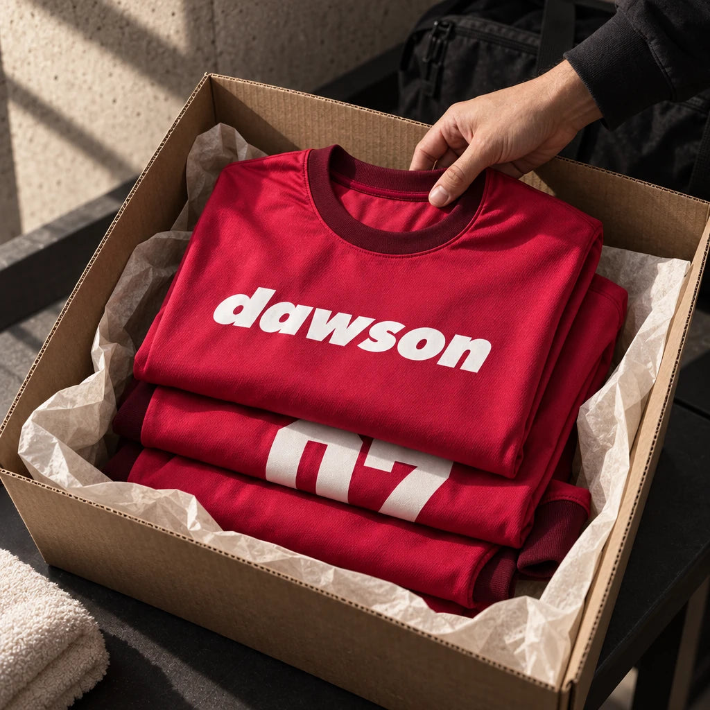 A coordinated set of crimson Dawson team jerseys packed together for delivery.
