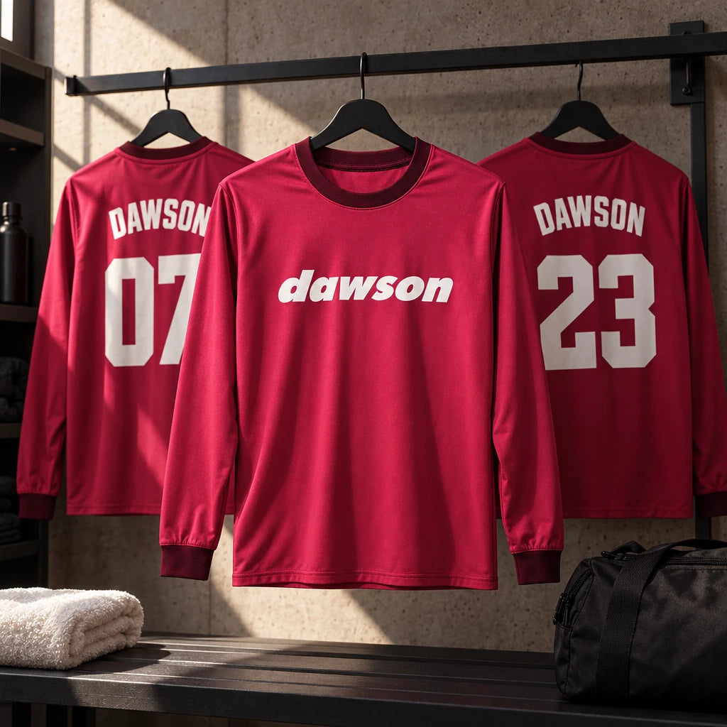 Three crimson Dawson team jerseys displayed together with coordinated player numbers.