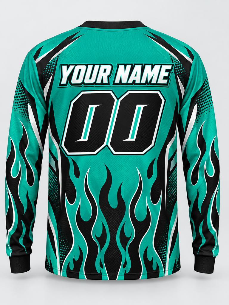 Teal Flames Custom Dirt Bike Jersey - back view