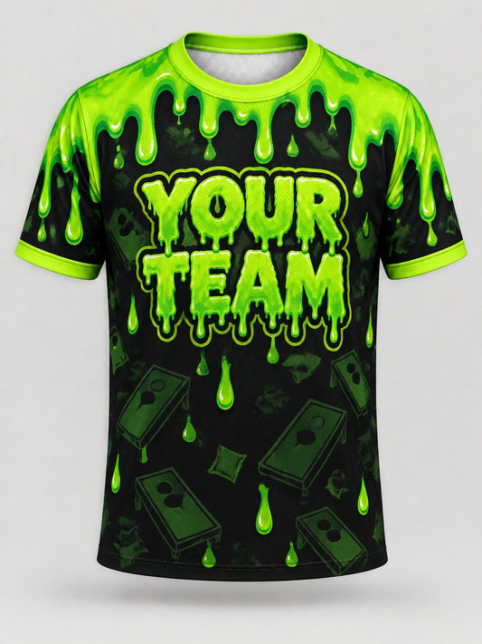 Green Drip custom cornhole jersey - front view