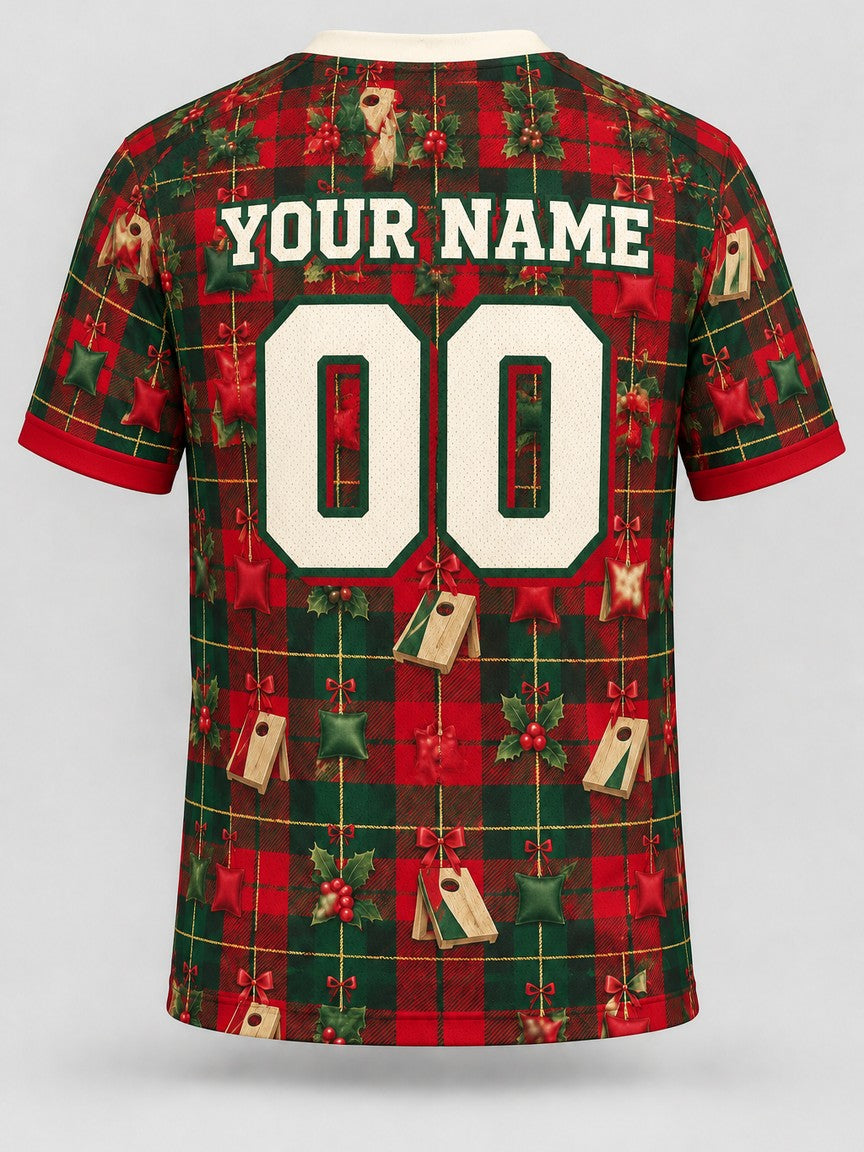 Holly Jolly Plaid custom cornhole jersey - back view