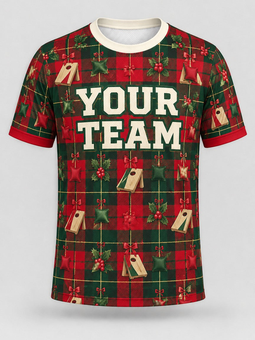 Holly Jolly Plaid custom cornhole jersey - front view