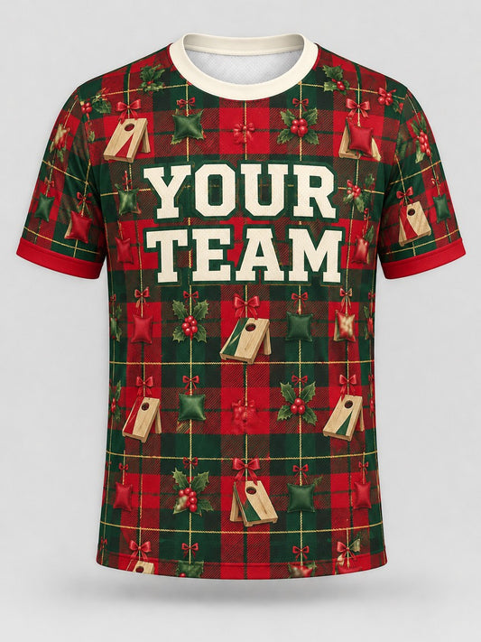 Holly Jolly Plaid custom cornhole jersey - front view