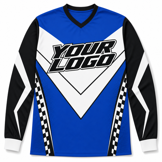 Cobalt Team Jersey, front, colour-blocked BMX race jersey with YOUR LOGO placeholder