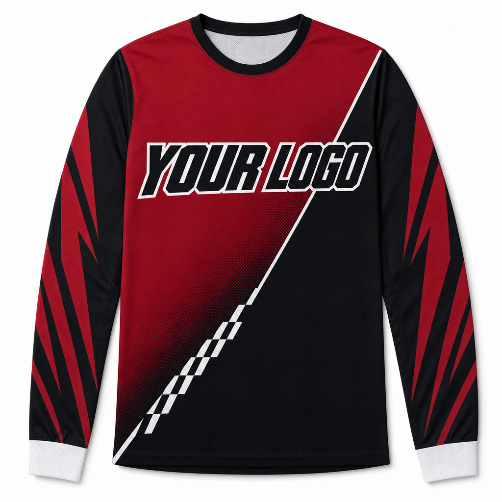 Crimson Team Jersey, front, colour-blocked BMX race jersey with YOUR LOGO placeholder