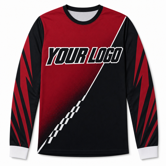 Crimson Team Jersey, front, colour-blocked BMX race jersey with YOUR LOGO placeholder