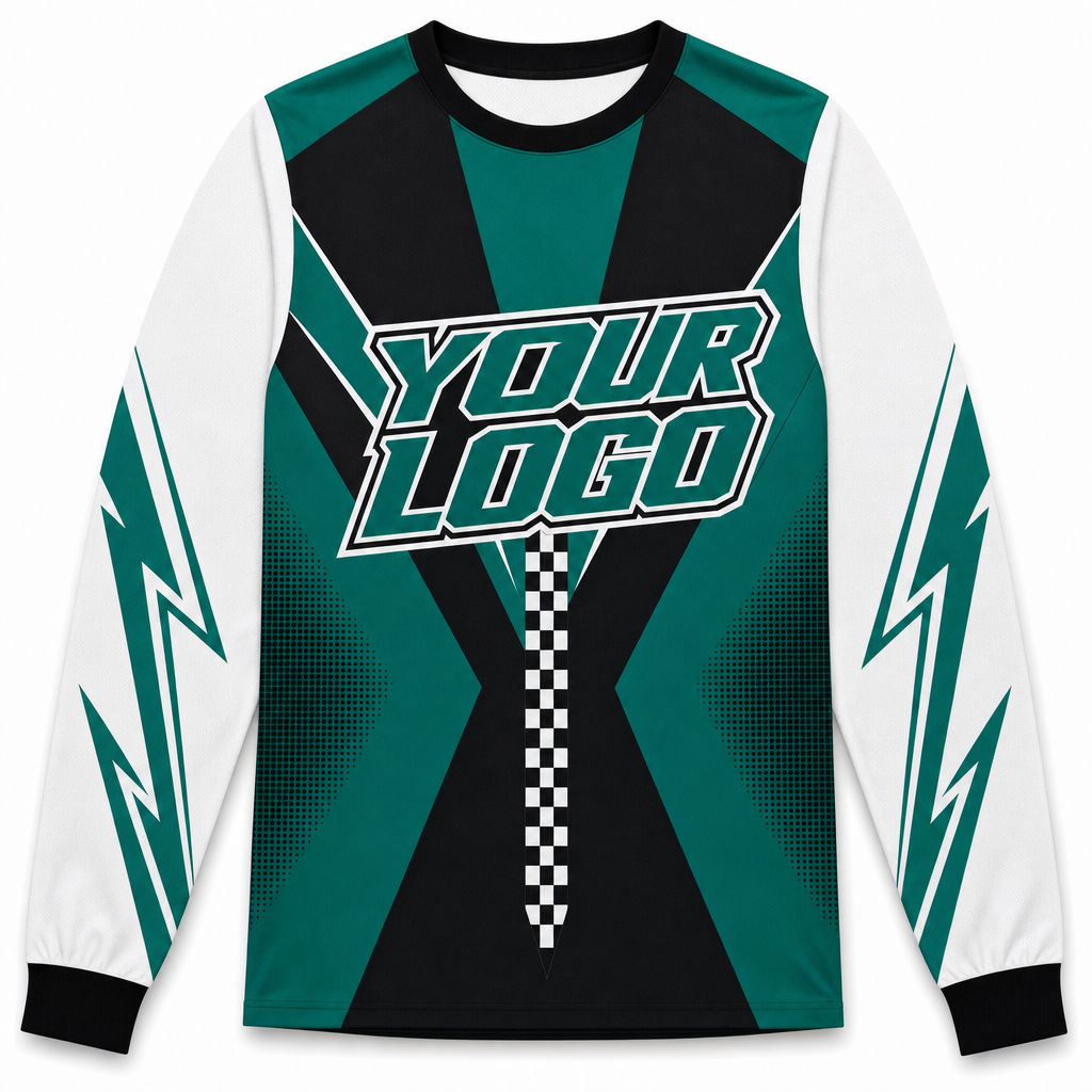 Jade Team Jersey, front, colour-blocked BMX race jersey with YOUR LOGO placeholder