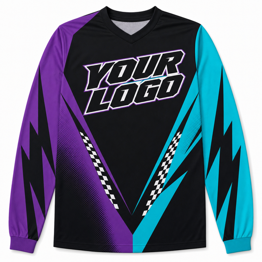 Nebula Team Jersey, front, colour-blocked BMX race jersey with YOUR LOGO placeholder