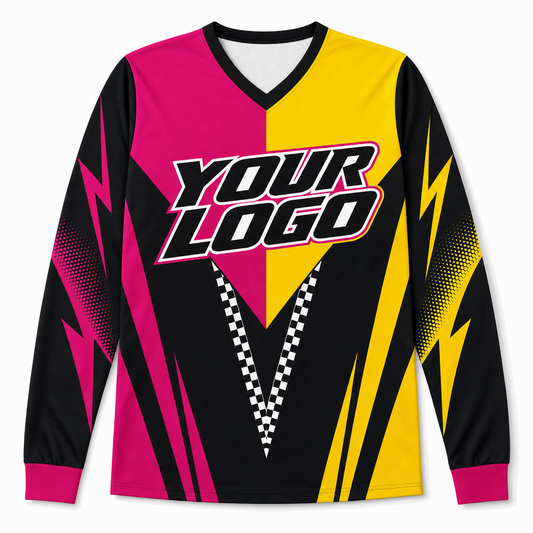 Riot Team Jersey, front, colour-blocked BMX race jersey with YOUR LOGO placeholder