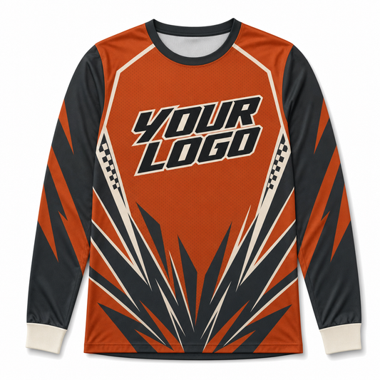 Rust Team Jersey, front, colour-blocked BMX race jersey with YOUR LOGO placeholder
