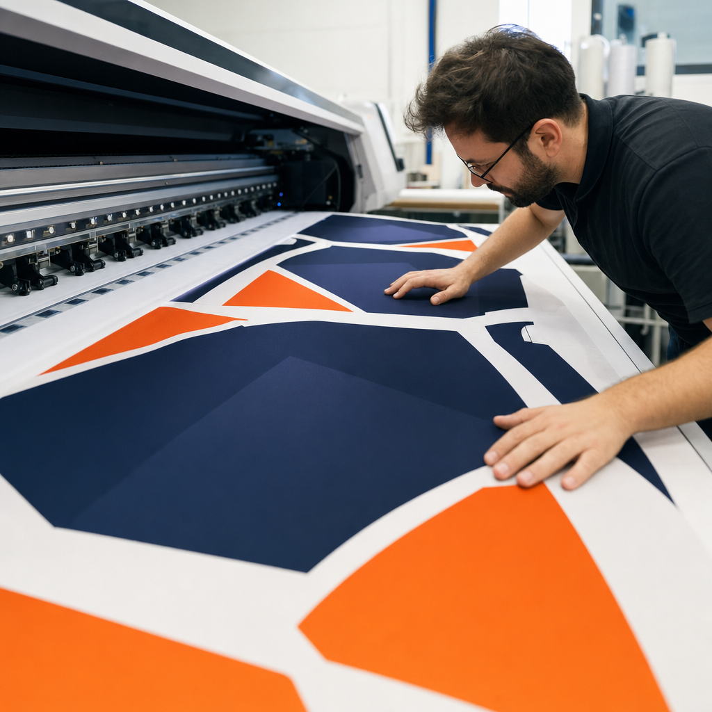 Technician inspecting printed jersey fabric on a sublimation printer