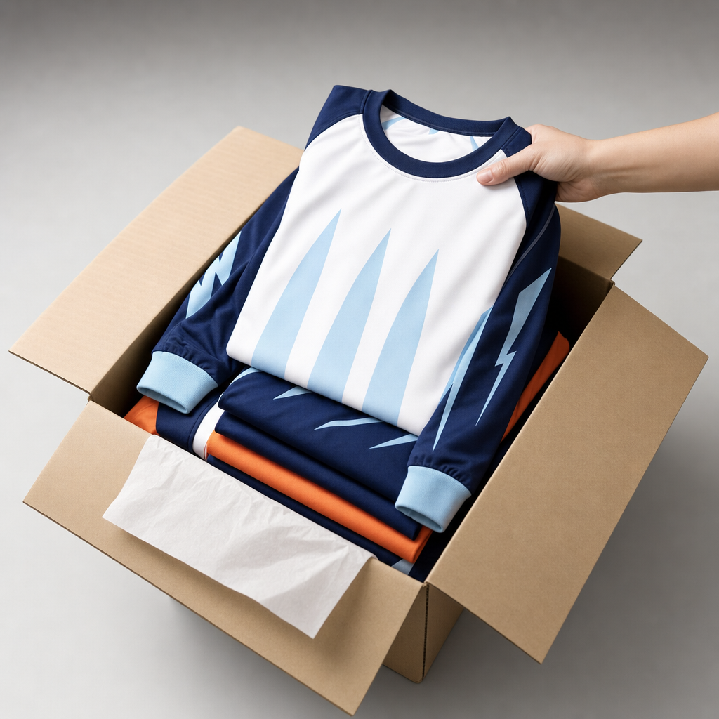 Folded team jerseys packed into a shipping box