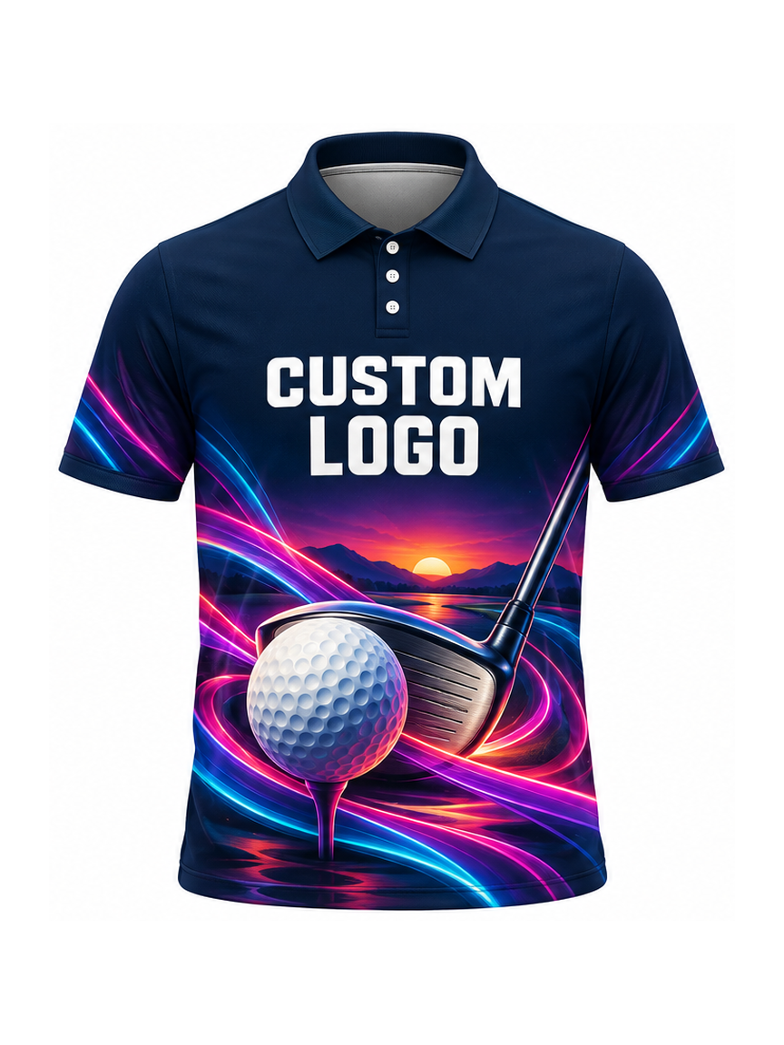 Neon Sunset Tee custom Golf team shirt - front logo preview