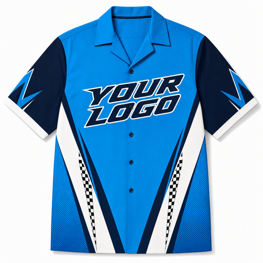 Azure Bowling Shirt, front, colour-blocked with YOUR LOGO placeholder
