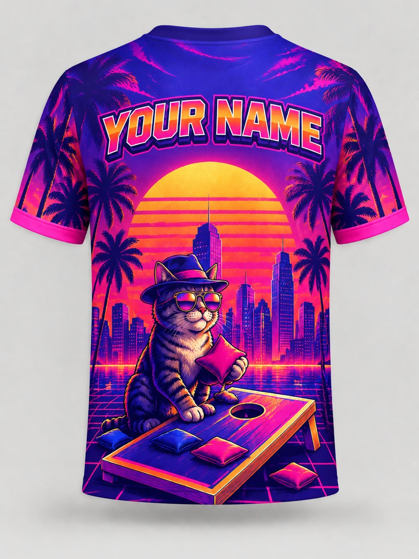 Synthwave Tabby custom cornhole jersey - back view