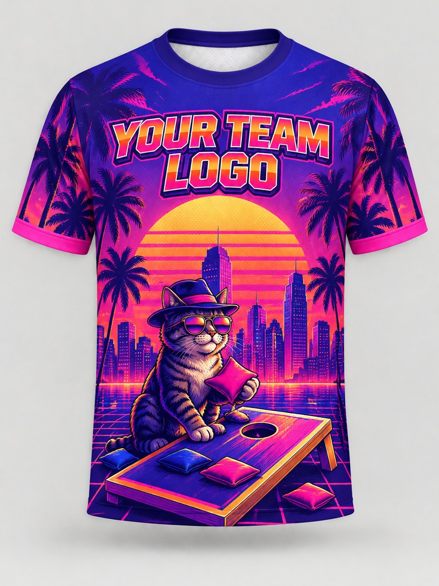 Synthwave Tabby custom cornhole jersey - front view