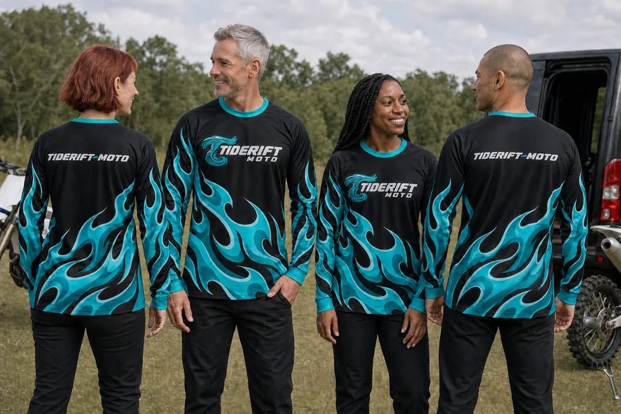 TIDERIFT MOTO team in Aqua Afterburn shirts.