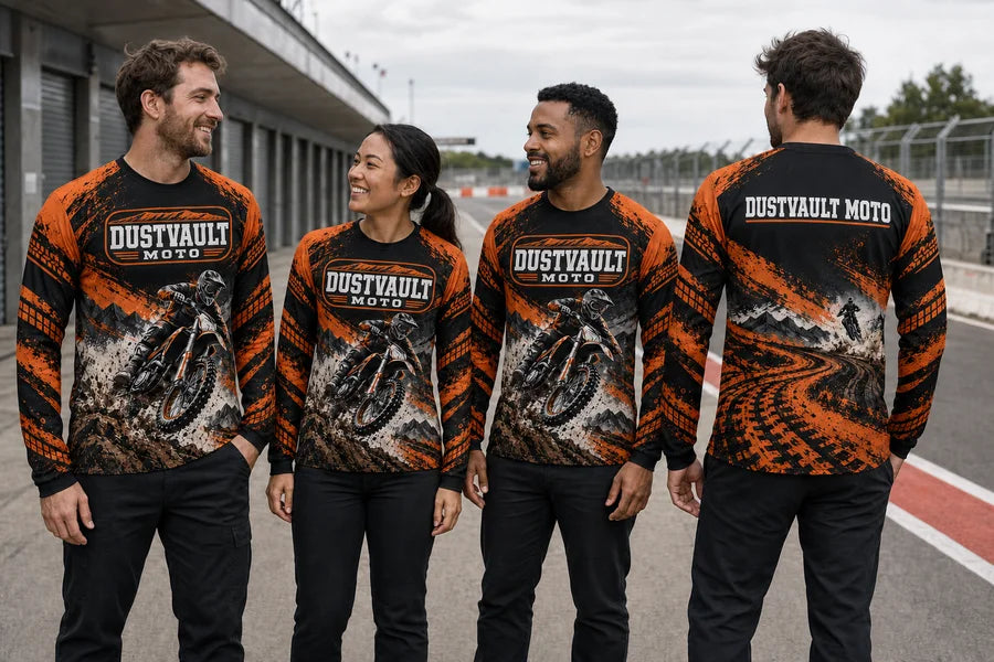 DUSTVAULT MOTO team in Dustline Charge shirts.