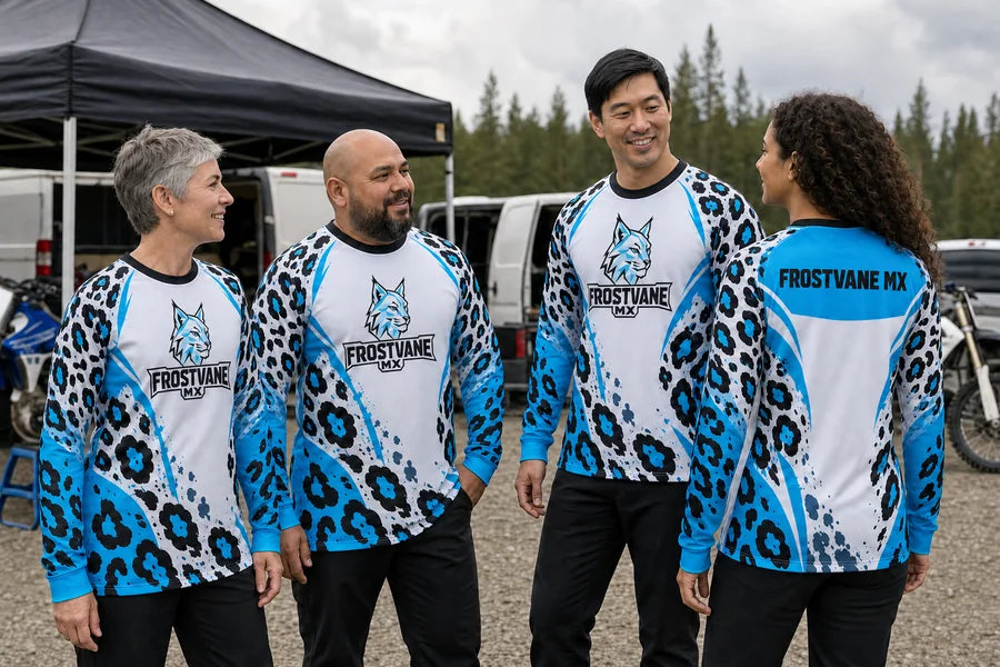 FROSTVANE MX team in Glacier Wild shirts.